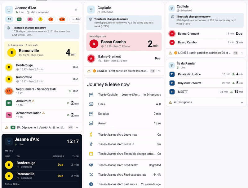 Animated demo: Tisséo cards ticking down in a Home Assistant dashboard